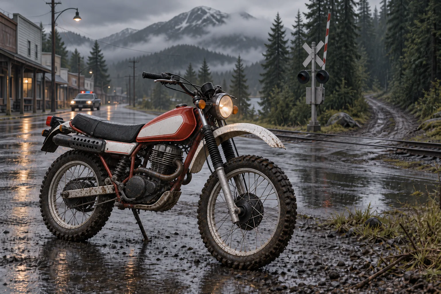 雨のカナダの町と森を背景にした赤白の初代XT250風トレールバイク