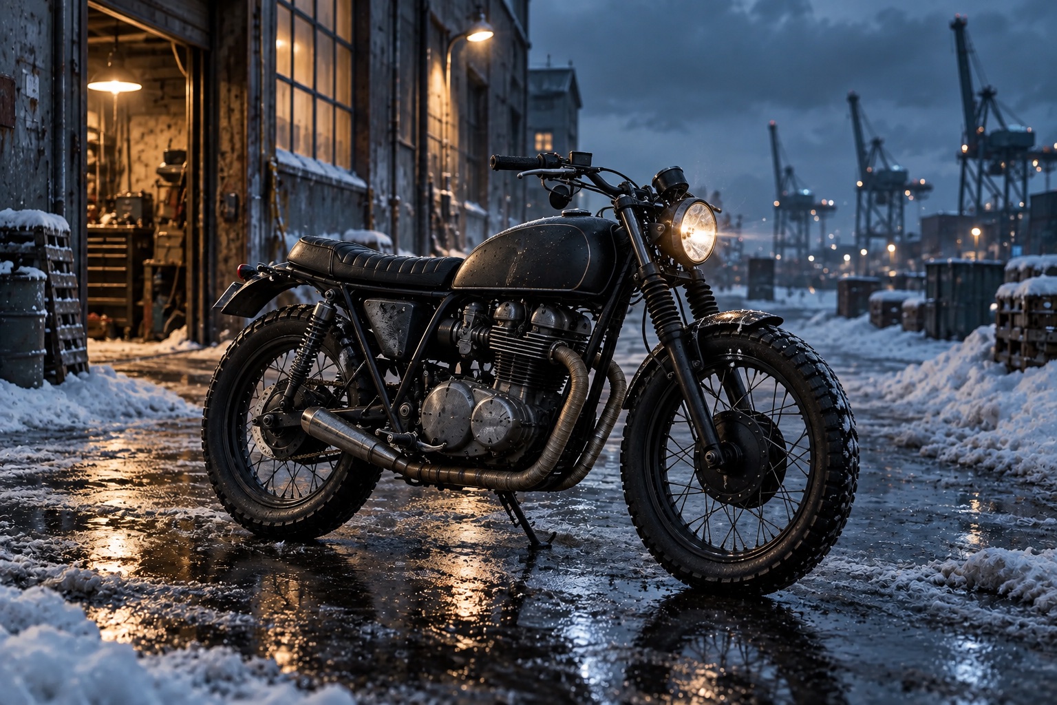A black late-1960s parallel-twin custom motorcycle in a snowy Scandinavian industrial district