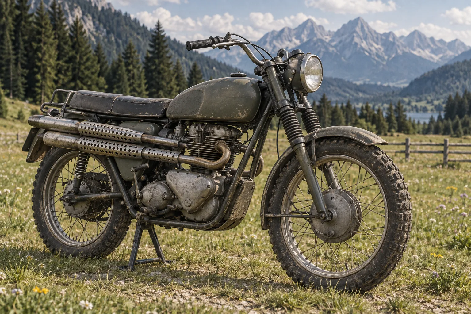 バイエルンの草原と山を背景にした、軍用車風に仕立てたTriumph TR6 Trophy