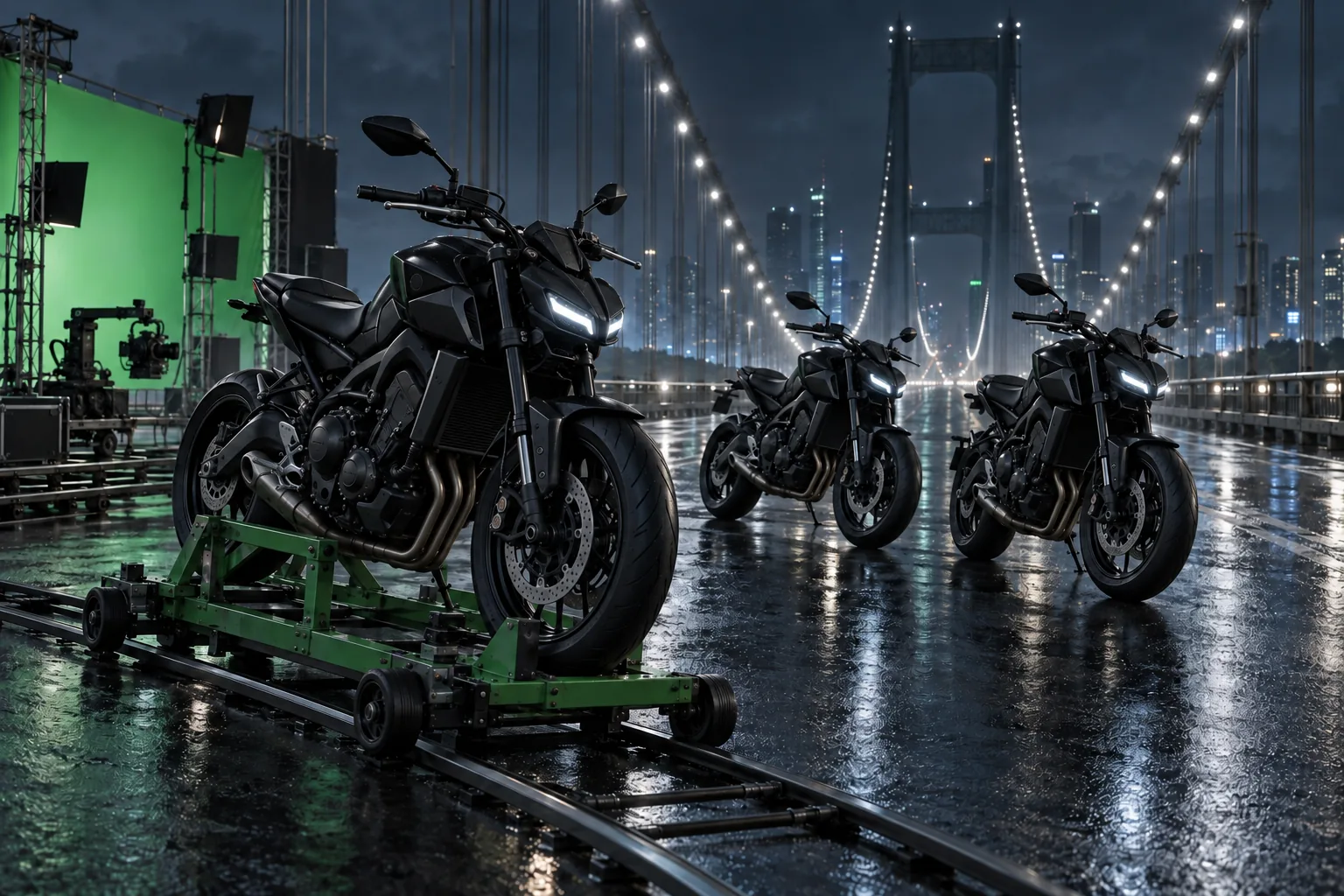 Three black MT-09-inspired motorcycles on a wet bridge, one mounted on a green SFX rig