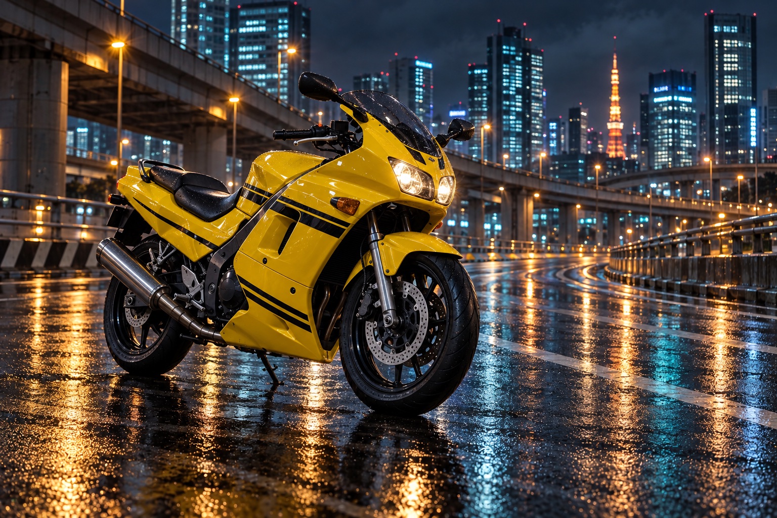 雨に濡れた夜の都市高速にたたずむ黄色と黒の250ccフルカウルスポーツ風バイク