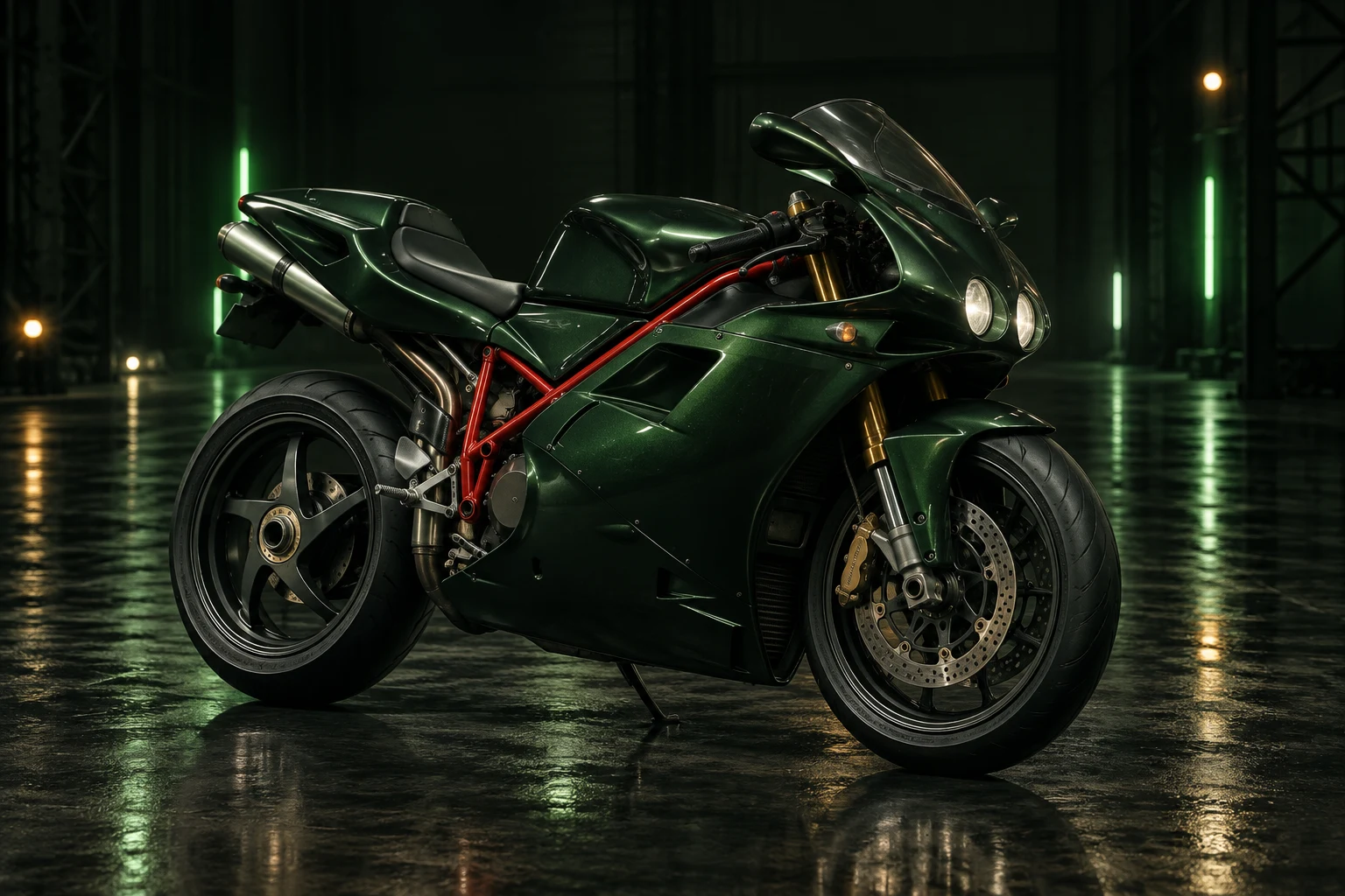 暗いスタジオに置かれたダークグリーンのDucati 996風スーパーバイクの非公式イラスト