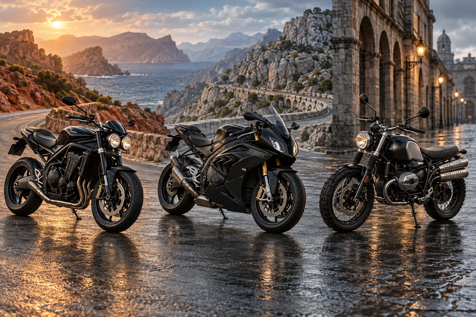 海岸道路、山道、雨の欧州市街を背景に並ぶSpeed Triple、S 1000 RR、R nineT Scrambler