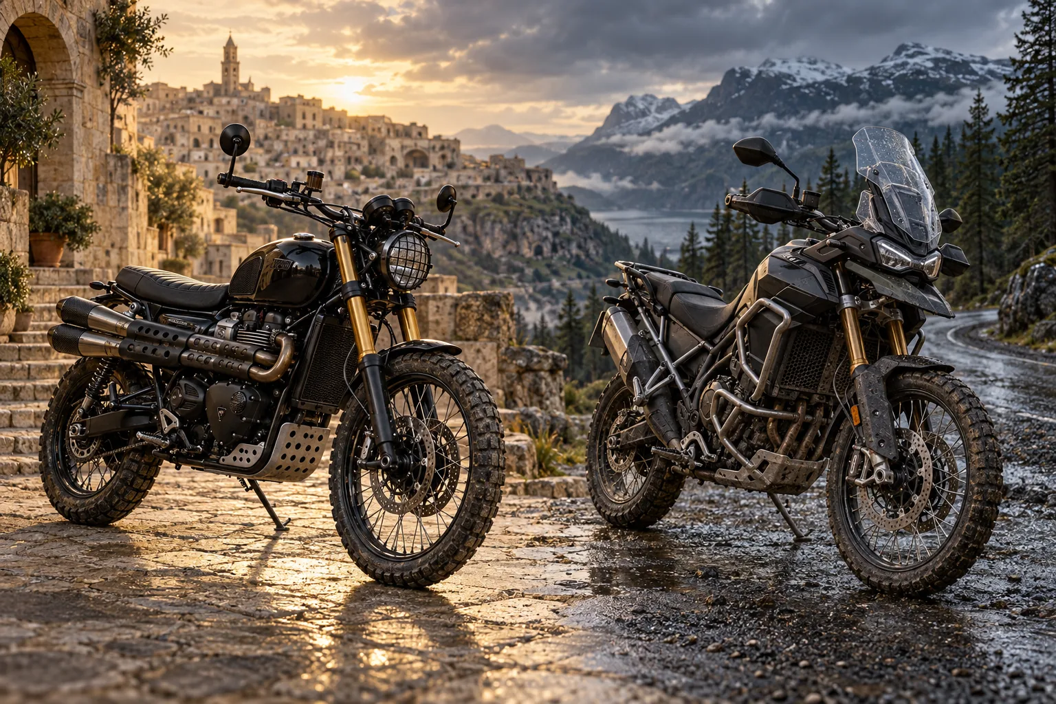 A black Scrambler 1200 XE and Tiger 900 against an Italian stone town and a Nordic forest