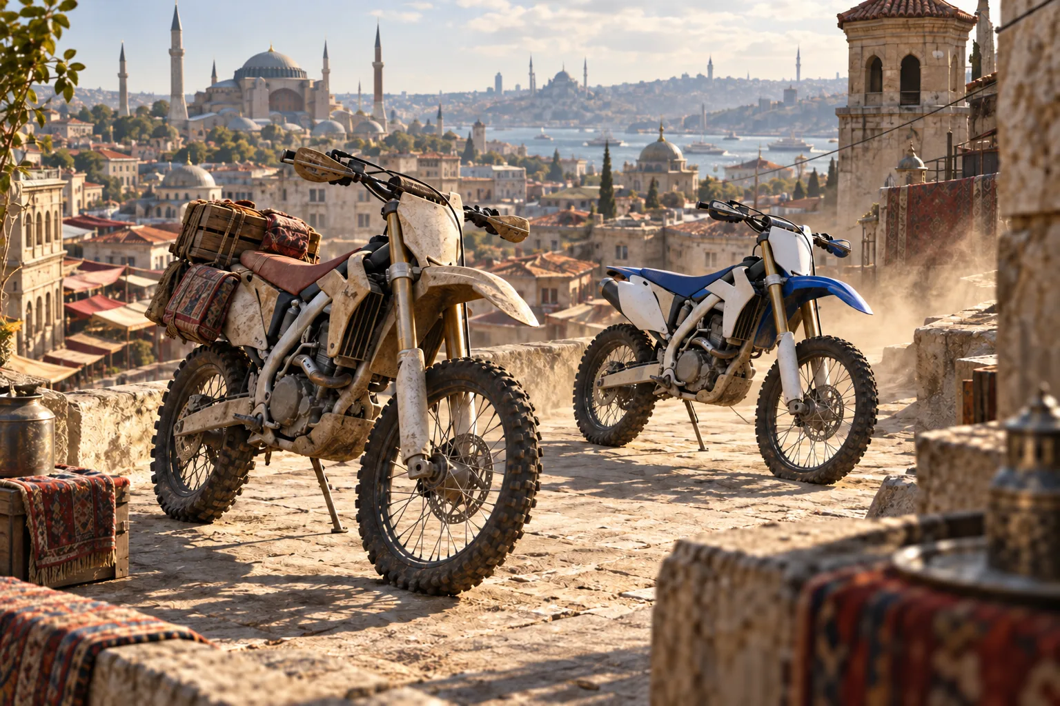 イスタンブールの屋根に並ぶ商用車風と青白のCRF250R風オフロードバイク