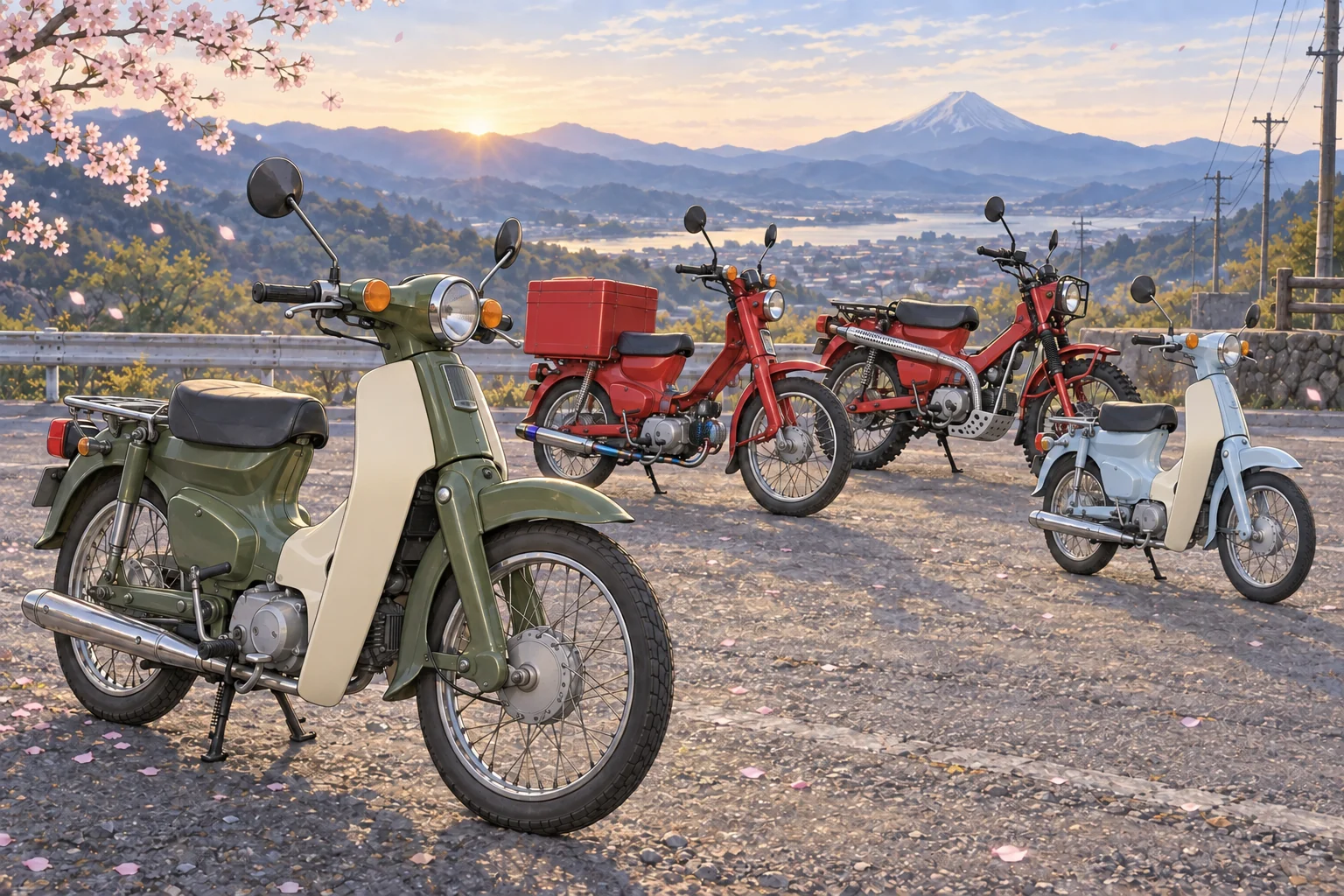 A green Super Cub 50, red MD90 and CT110, and pale-blue Little Cub