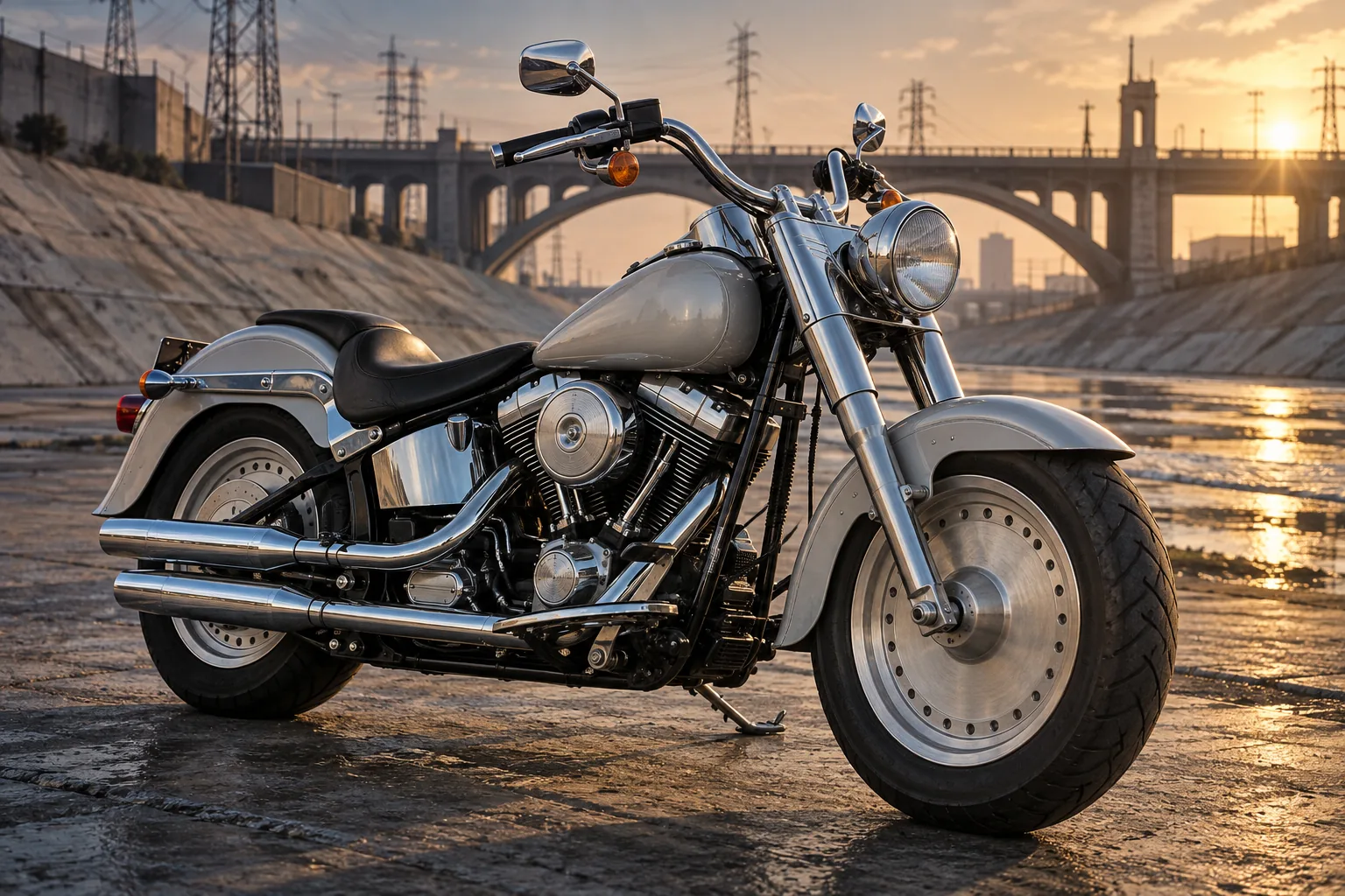 夕暮れのコンクリート水路にたたずむ銀色の初代Harley-Davidson Fat Boy