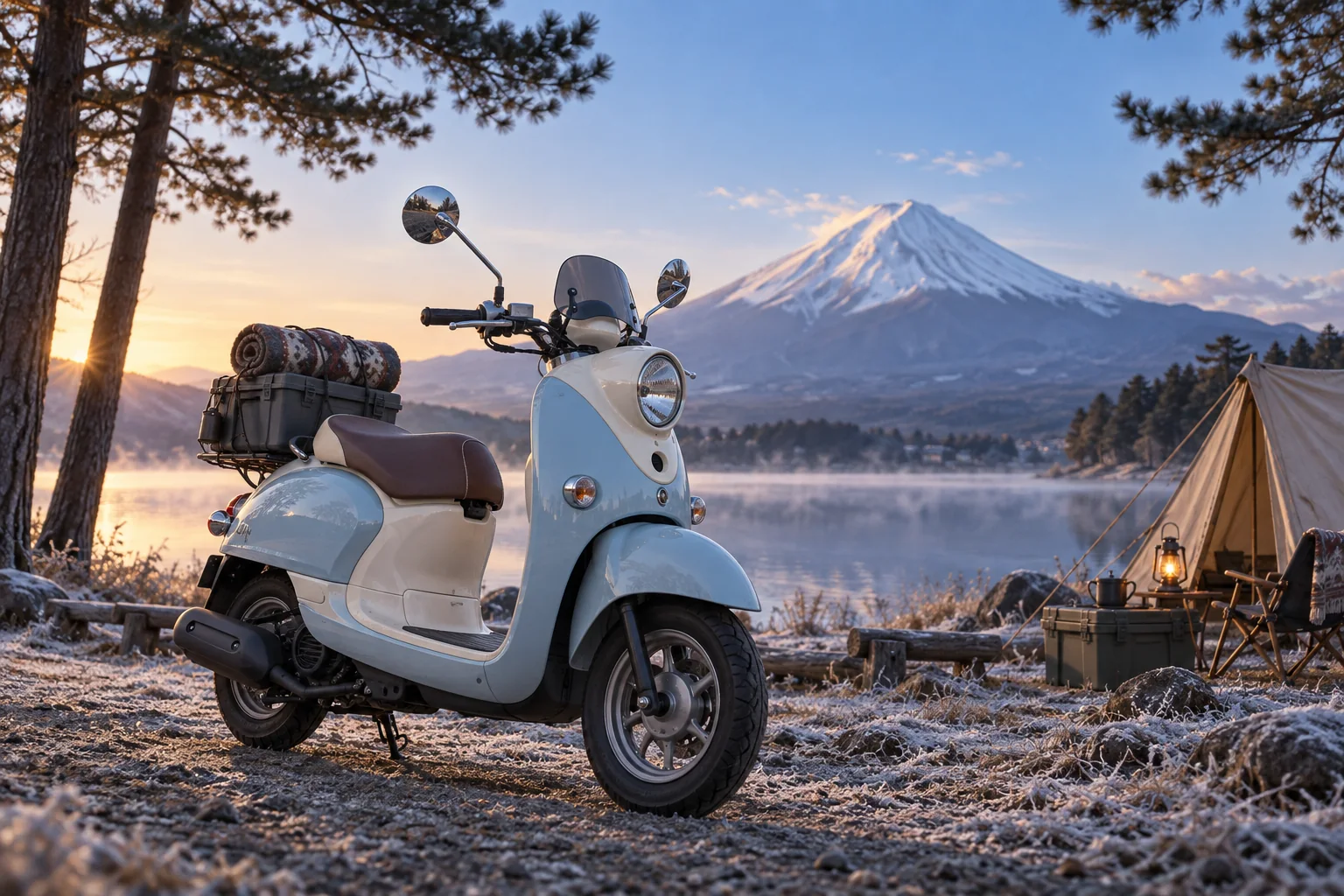 A pale-blue and cream Vino-style scooter with camping luggage beside a winter lake and Mount Fuji