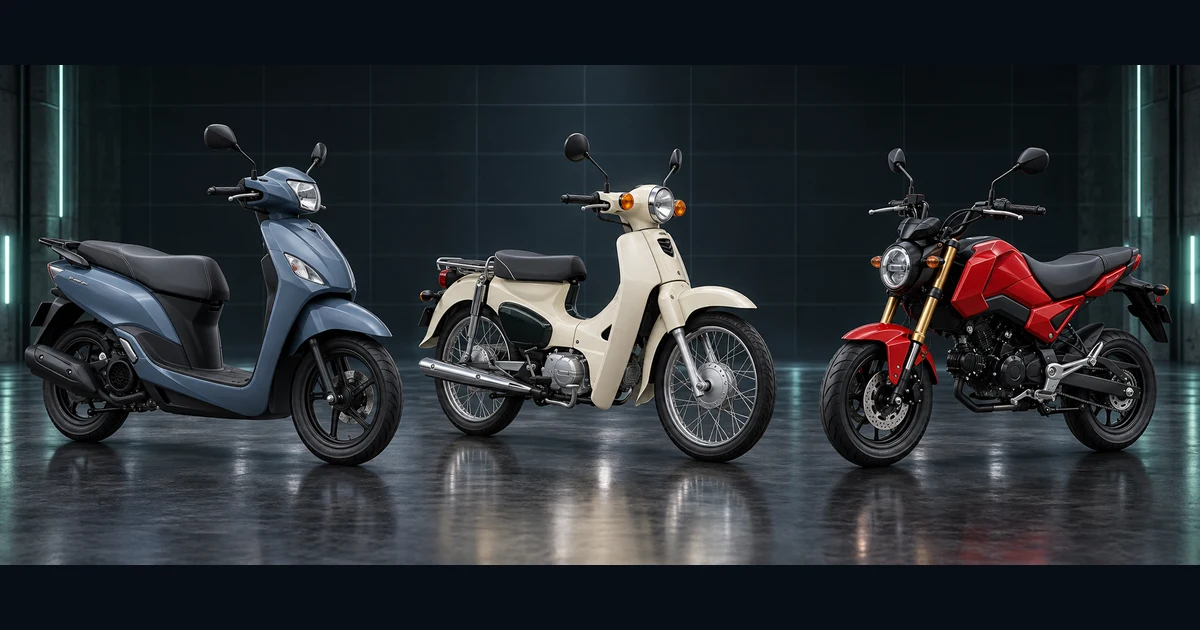 青いCVTスクーター、クリーム色のカブ系、赤いMTミニバイクを並べた操作方式の比較イメージ